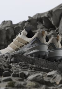 Scarpe da trail Adidas Terrex beige e grigie poggiate su un terreno roccioso e accidentato, evidenziando un design durevole e un battistrada adatto per il trekking all'aperto.