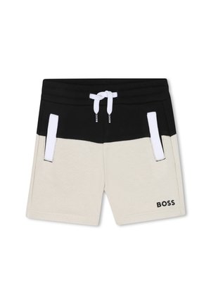 Czarne i beżowe spodenki chłopięce z białym sznurkiem, bocznymi kieszeniami oraz logo "BOSS" na lewej nogawce.