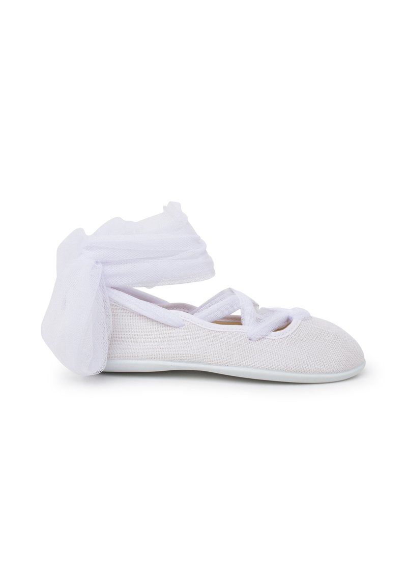 White dance shoe with crisscross straps and a tulle bow at the back, designed for ballet or dance performances.