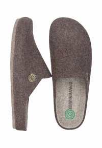 Brown felt clogs with an open back, textured surface, and a circular logo in green on the insole. Designed for comfort and warmth.