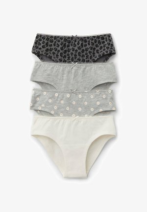 Cztery damskie majtki bikini ułożone w stos: czarny nadruk w panterkę, gładki szary, szary z białymi stokrotkami i gładki biały, każda z małą kokardką z przodu.
