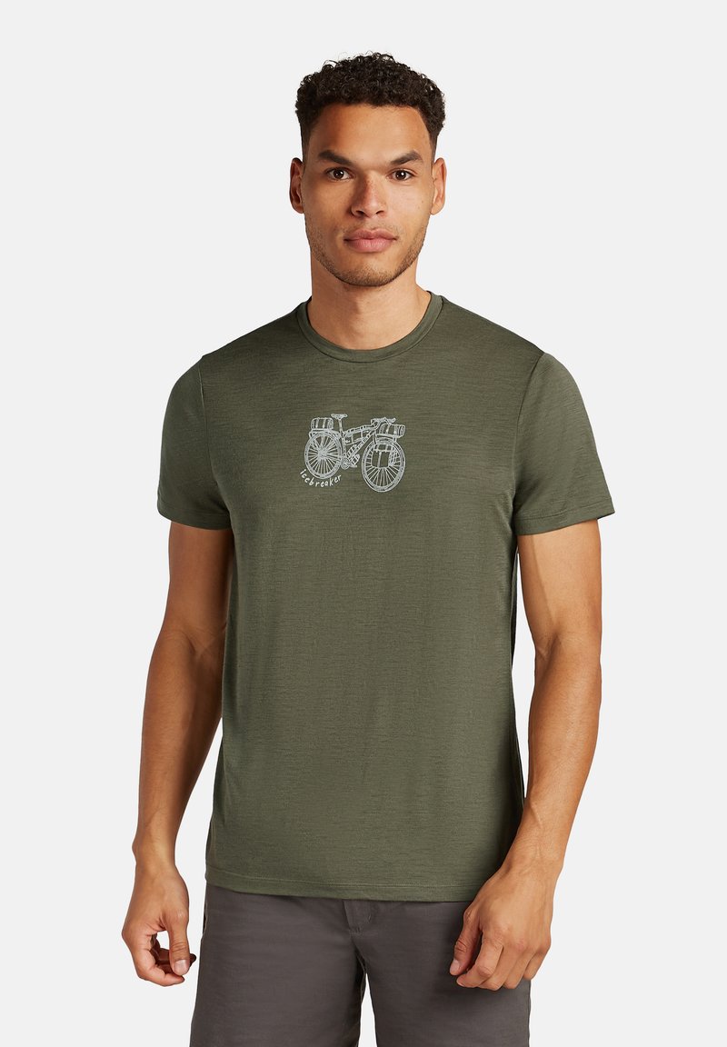 Camiseta de color verde oliva de manga corta con un gráfico blanco de una bicicleta en el centro, hecha de una tela ligera y texturizada.