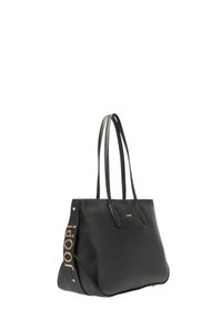 Schwarze Ledertasche mit zwei Griffen, einer strukturierten Form, einer genarbten Oberfläche und einem goldfarbenen "JOOP!"-Logo an der Seite.