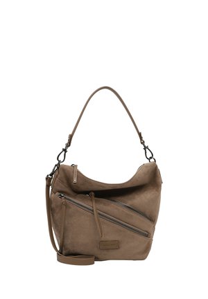 Borsa a mano in pelle scamosciata marrone con due scomparti con cerniera, uno diagonale sul davanti, e due tracolle staccabili per il trasporto a spalla o a tracolla.