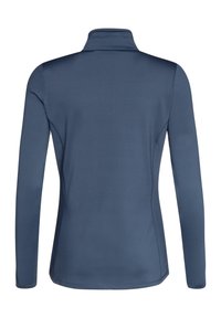 Haut ajusté à manches longues en bleu marine, fabriqué en tissu lisse et extensible, avec un col haut et sans hardware ni motifs visibles.