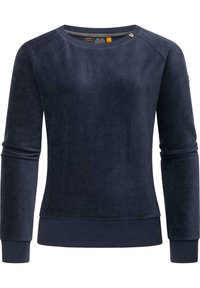 Felpa blu navy in morbido tessuto di corda, con maniche lunghe, scollatura rotonda e orlo e polsini a coste. Presenta un piccolo bottone decorativo.