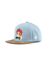 Baseball cap in light blue fabric with a brown brim. Features an embroidered cartoon character with red hair and yellow shirt on the front.