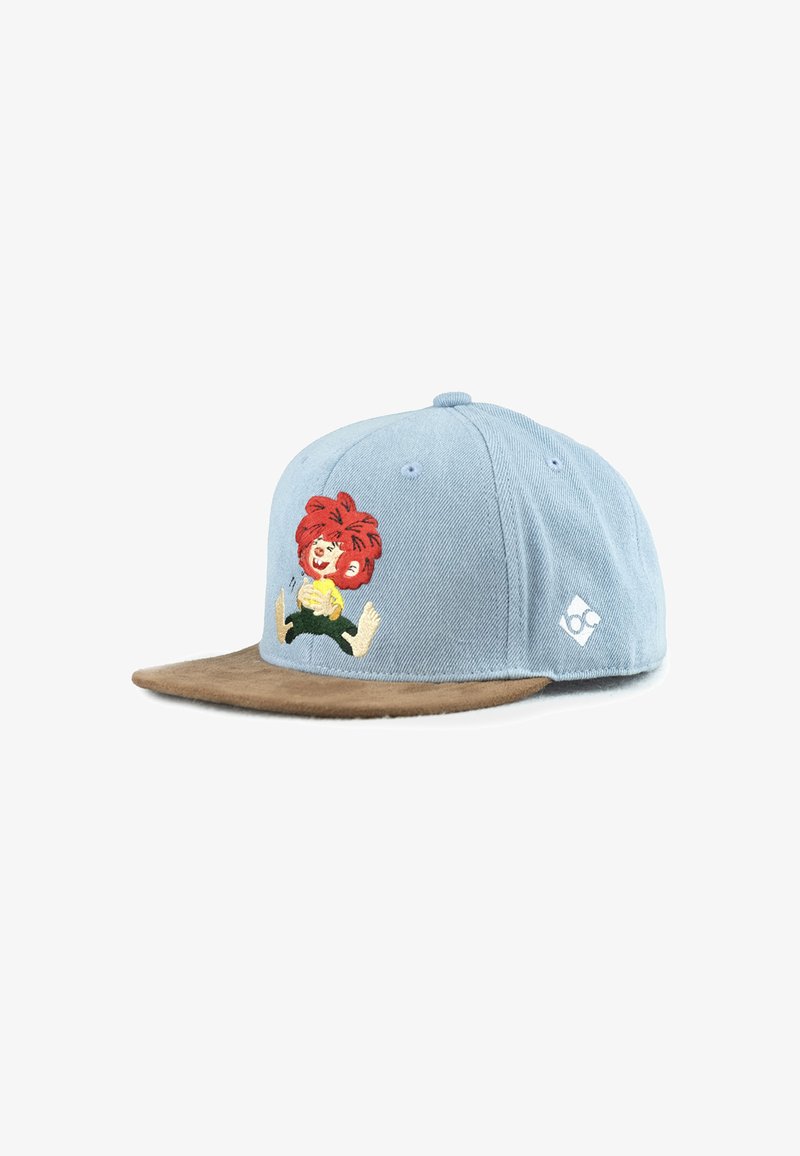 Baseball cap in light blue fabric with a brown brim. Features an embroidered cartoon character with red hair and yellow shirt on the front.