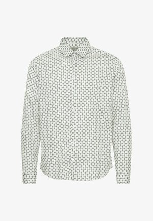 Πουκάμισο με μακριά μανίκια και κουμπιά, που διαθέτει λευκό φόντο με μπλε κυκλικά λουλουδένια σχέδια και κοφτό γιακά. Λείο υφασμάτινο υλικό.