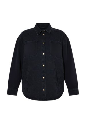 Sort langærmet skjorte med knapper, to brystlommer, diskret blomsterprint, spids krave og metal lynlåse foran.