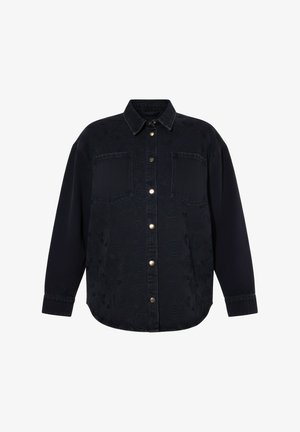 Zwart overhemd met lange mouwen en knopen, met twee borstzakken, subtiel bloemmotief, puntige kraag en metalen drukknopen aan de voorkant.