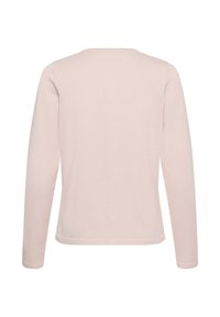 Svetlo roza pulover z dolgimi rokavi, narejen iz mehke tkanine. Ima preprost, čist dizajn z okroglim izrezom in brez vidnih okraskov.