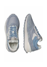 Light blue sneakers with mesh and suede materials, featuring a white midsole, flat laces, and a textured rubber outsole for grip.