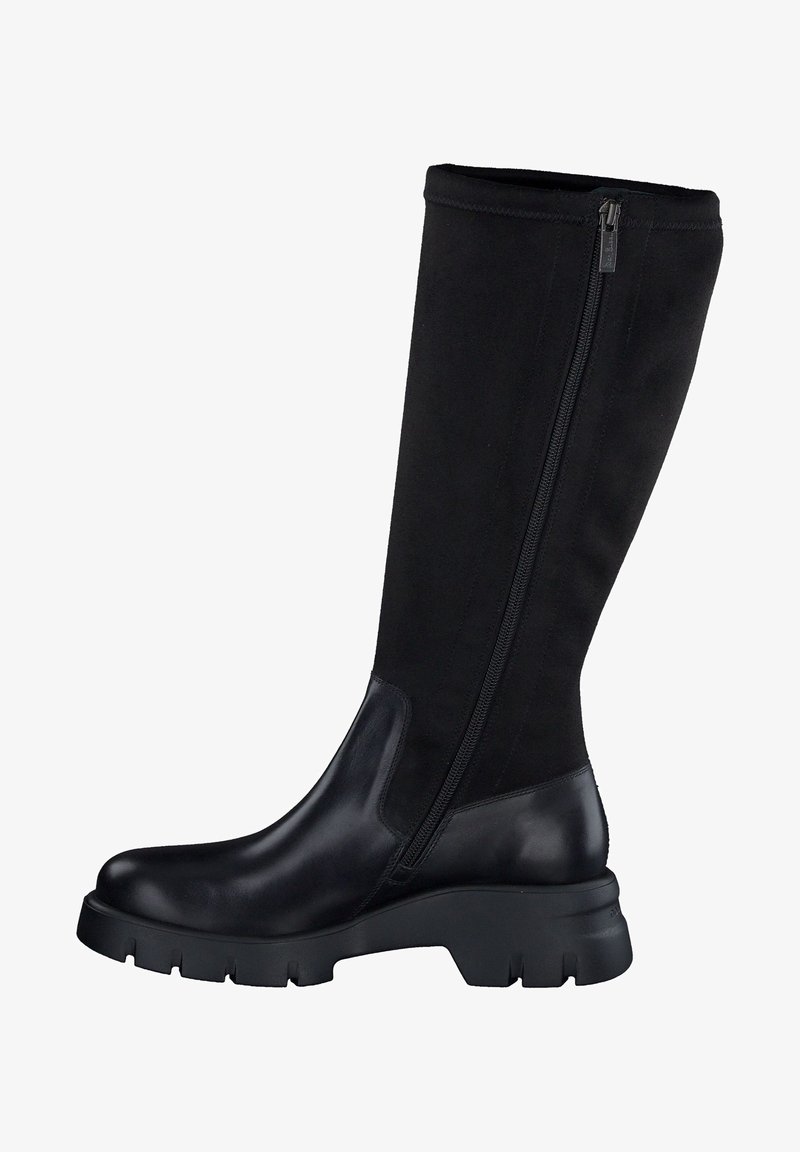 Bottes noires montantes en cuir lisse et textile doux, avec une fermeture éclair sur le côté et une semelle chunky texturée.