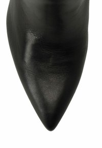 Chaussure noire en cuir à bout pointu avec une texture lisse et un design épuré. Présente une silhouette élégante sans quincaillerie ni embellissements visibles.