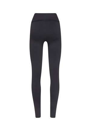 Schwarze Leggings mit einem strukturierten, wellenförmigen Muster. Design mit hoher Taille, figurbetonte Form und glatter Stoff, geeignet für aktive Aktivitäten.