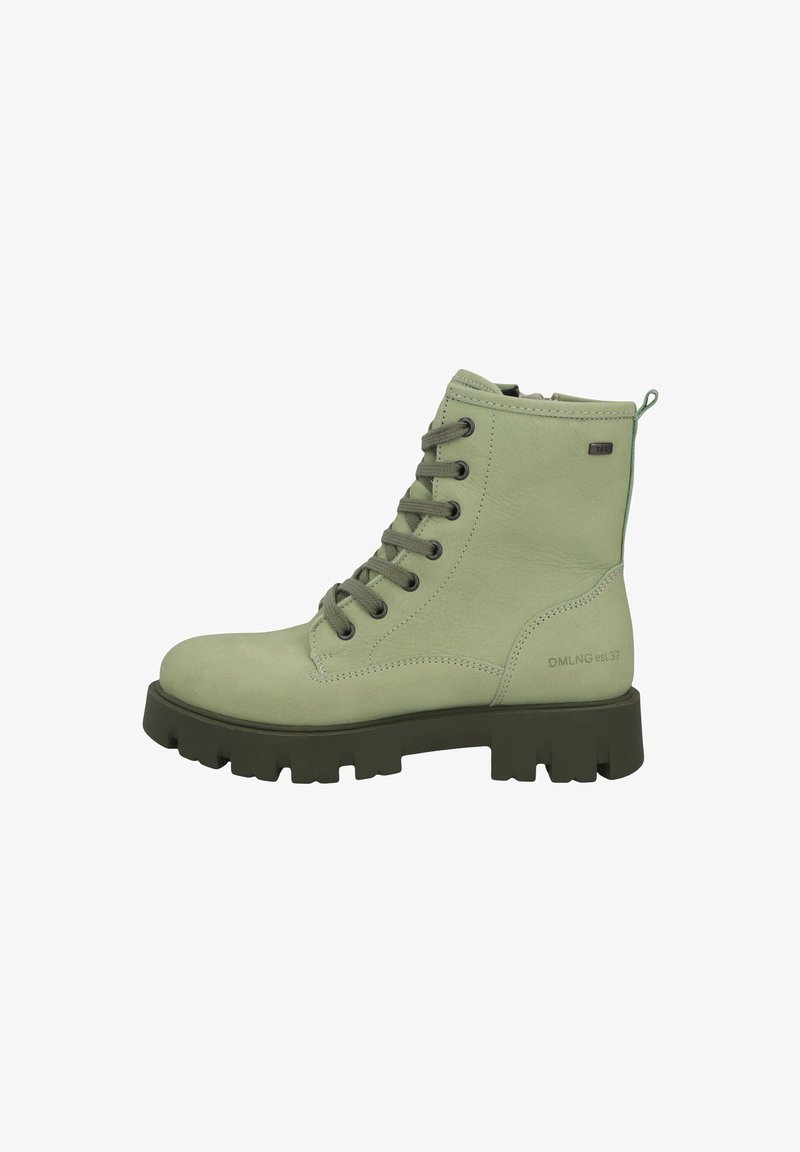 Green lace-up ankle boot with thick black sole, side zipper, and pull tab at heel, suitable for outdoor wear.