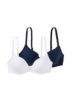 Due reggiseni affiancati, uno bianco e uno blu scuro con spalline sottili regolabili e coppe lisce su sfondo bianco.