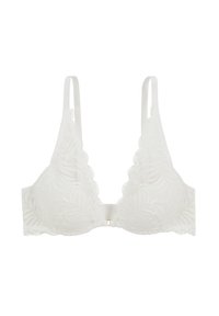 Soutien-gorge en dentelle blanche avec des bonnets triangulaires, motif floral, bords festonnés et bretelles réglables. Fermé par un fermoir à l'arrière.