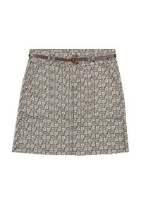 Geprinte rok met een geometrisch zwart-wit patroon, twee voorzakken en een bruine riem met een ronde gesp.