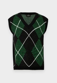 Schwarzer ärmelloser Pullover mit V-Ausschnitt, der mit einem grün-weißen Argyle-Muster versehen ist. Hergestellt aus gestricktem Stoff mit einer strukturierten Oberfläche.