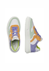 Sport sneakers featuring pastel colors: mint green, lavender, orange, and white. Suede and leather materials, with a textured rubber sole.