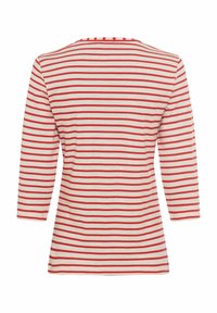 Red and white striped 3/4 sleeve shirt with a boat neckline, made from soft fabric, featuring even horizontal stripes across the back.
