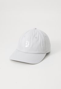 Gray cotton cap with a curved brim. Features embroidered logo in white at the front, six-panel design, and ventilation eyelets.