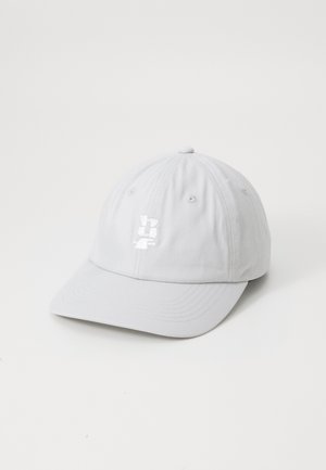 Gray cotton cap with a curved brim. Features embroidered logo in white at the front, six-panel design, and ventilation eyelets.