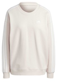 Světlé béžové tričko s bílým designem tří pruhů podél rukávů, žebrovaným límcem a manžetami, vyrobené z měkké texturované látky, s malým logem.