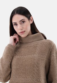 Beige, strukturierter Strickpullover mit hohem Kragen und langen Ärmeln. Ausgestattet mit einem gemusterten Stoff und einem lockeren Schnitt.