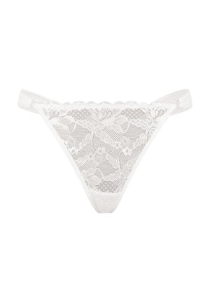 White lace thong featuring floral patterns, scalloped edges, and thin elastic straps. Translucent lace material with a smooth finish.