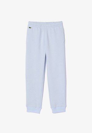 Pantalons de survêtement en mélange de coton bleu clair avec une taille élastique, des poignets côtelés et des poches latérales ; présente un petit logo vert.