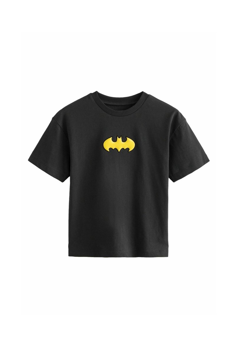 Čierne bavlnené tričko s žltým logom Batmana na hrudi. Krátke rukávy a okrúhly výstrih, hladká textúra.
