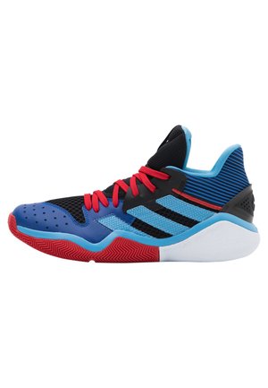Heren sportschoen in blauw, zwart en rood met rode veters, een gestructureerde zool en een ademend mesh bovenwerk.