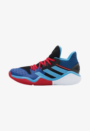 Heren sportschoen in blauw, zwart en rood met rode veters, een gestructureerde zool en een ademend mesh bovenwerk.