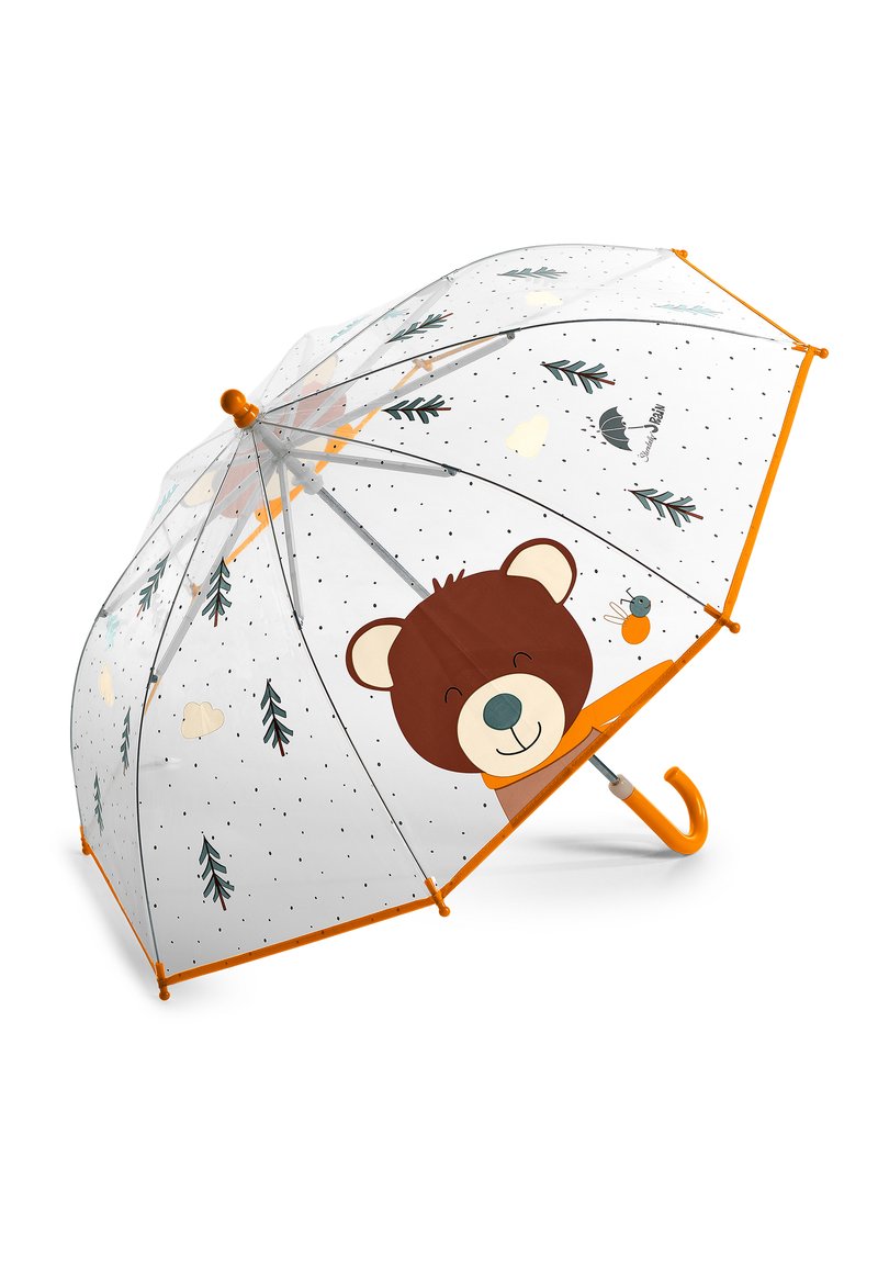 Transparent umbrella featuring a brown bear design with orange accents. Includes green trees and clouds, with a dotted pattern on surface.