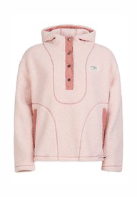 Lichtroze sherpa fleece pullover met capuchon, drukknopen, kangoeroezakken en contrasterende stiksels.