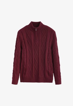 Pull en maille bordeaux avec un col montant, doté d'une fermeture éclair quart de tour et d'un motif en câble diamant texturé sur l'ensemble. Poignets et ourlet côtelés.