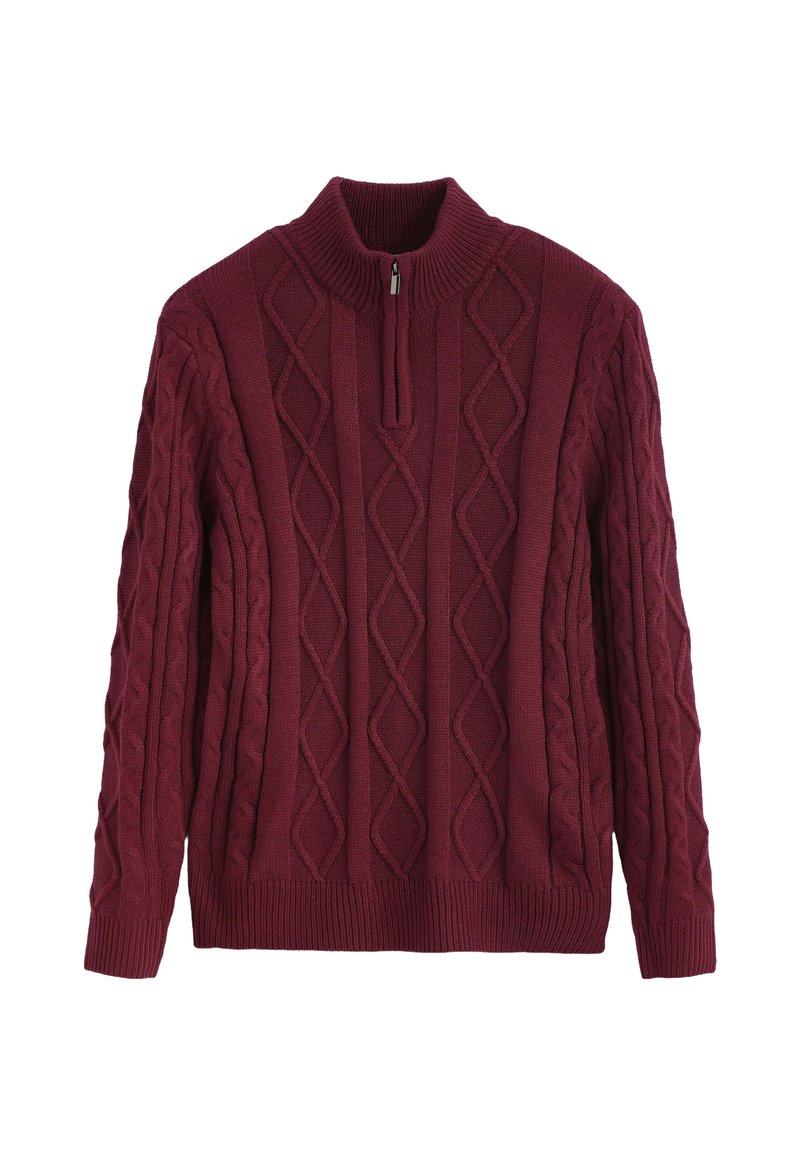 Pull en maille bordeaux avec un col montant, doté d'une fermeture éclair quart de tour et d'un motif en câble diamant texturé sur l'ensemble. Poignets et ourlet côtelés.