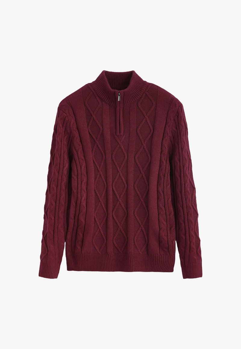 Pull en maille bordeaux avec un col montant, doté d'une fermeture éclair quart de tour et d'un motif en câble diamant texturé sur l'ensemble. Poignets et ourlet côtelés.
