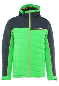 Veste matelassée verte et bleu foncé avec capuche, fermeture éclair orange et bordure, et logo "DARE 2B" sur la poitrine.