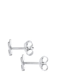 Silberne Steckerohrringe mit minimalistischem Design, die kreisförmige Akzente und eine glatte, polierte Oberfläche aufweisen. Leichte Metallkonstruktion.