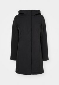 Cappotto nero con cappuccio, dal taglio dritto, dotato di zip frontale e due tasche laterali. Realizzato in un tessuto liscio e resistente.