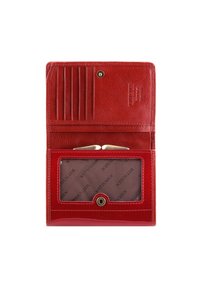 Red leather wallet featuring a textured finish, multiple card slots, and a clear ID window, secured with a snap button closure.