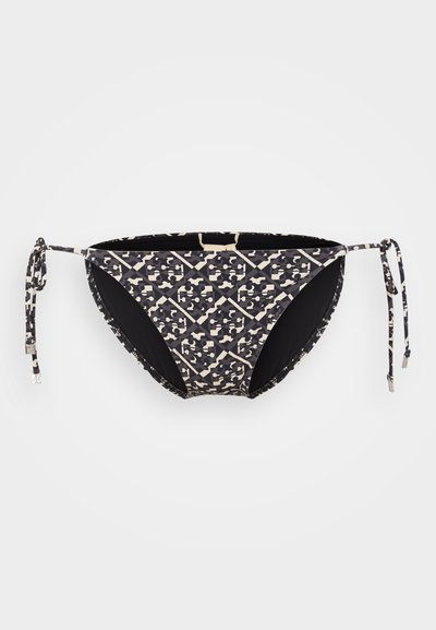 Parte inferior de bikini preta e bege com padrão geométrico, laterais ajustáveis com laço e textura canelada, com forro preto.