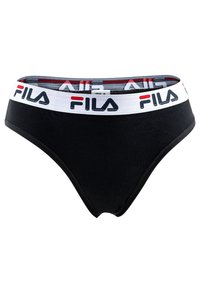 Zwarte katoen slip met een witte tailleband waarop het Fila-logo in zwart en rood is afgebeeld. Gladde textuur met een klassieke, laag uitgesneden design.