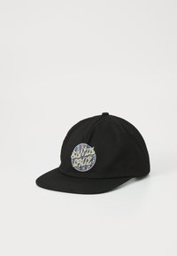 Black baseball cap made of cotton. Features a round, colorful "SANTA CRUZ" logo patch on the front with intricate design details.