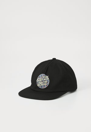 Black baseball cap made of cotton. Features a round, colorful "SANTA CRUZ" logo patch on the front with intricate design details.