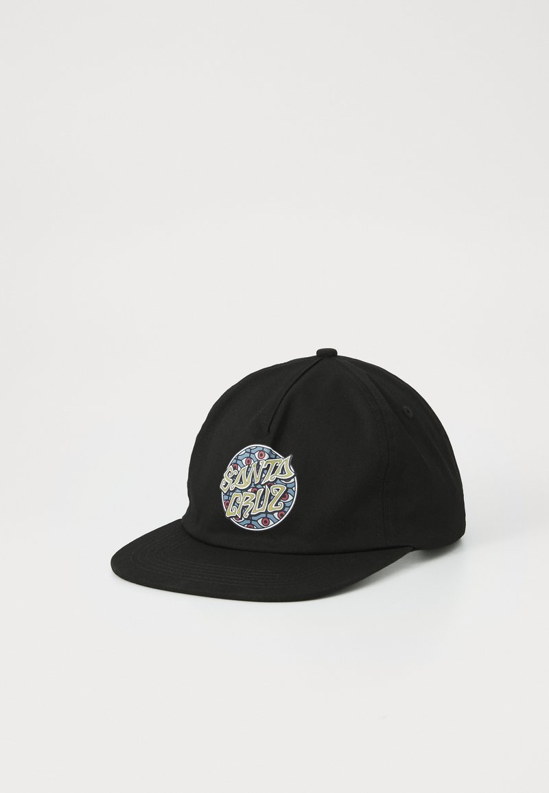 Black baseball cap made of cotton. Features a round, colorful "SANTA CRUZ" logo patch on the front with intricate design details.